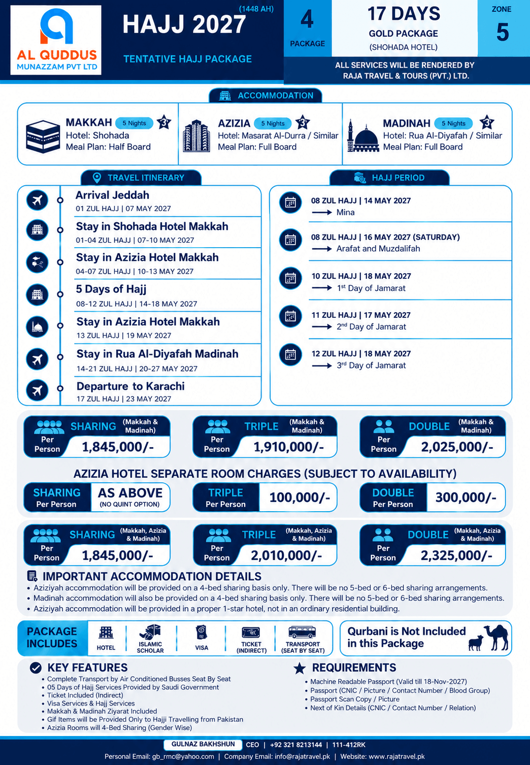 Raja Travel Gold, 17 Days Hajj Package 2027