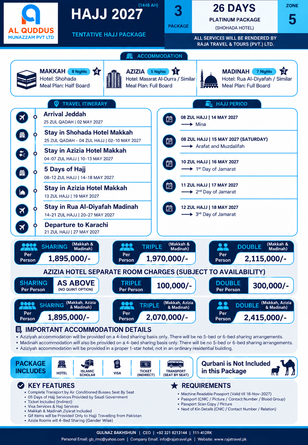 Raja Travel Platinum, 26 Days Hajj Package 2027