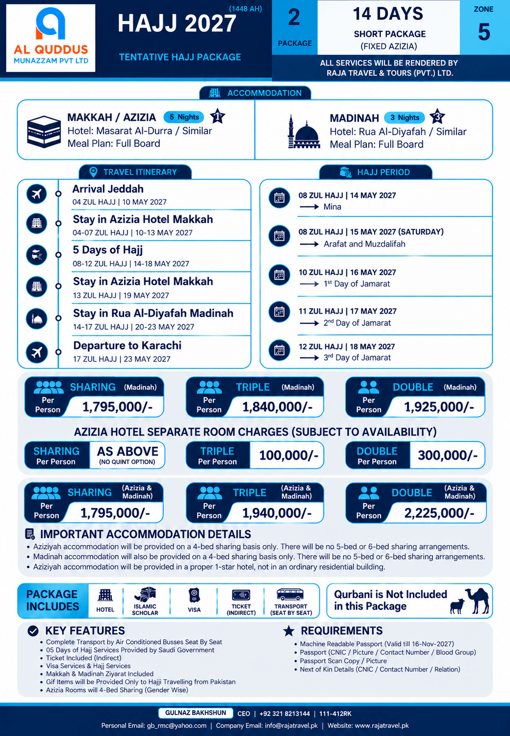 Raja Travel Short, 14 Days Hajj Package 2027